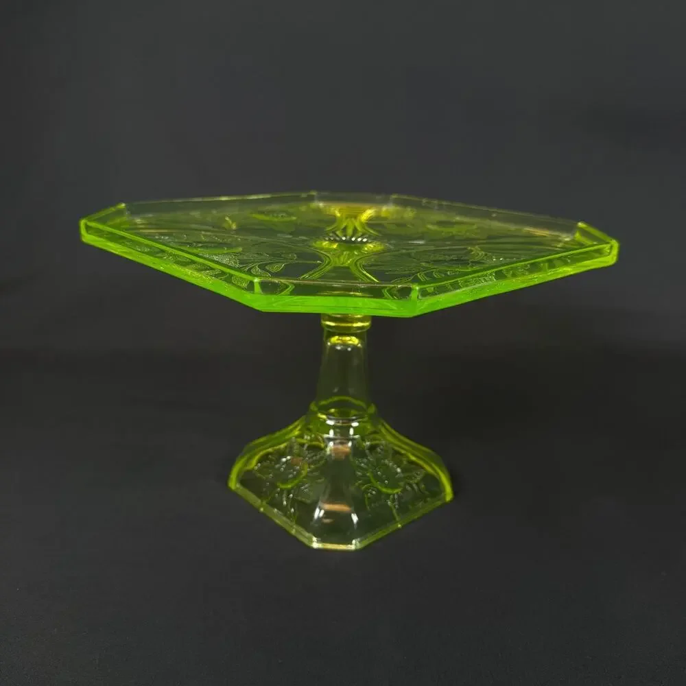 Vintage large vaseline Uranium Glass green Cake Stand flowers Pattern h6